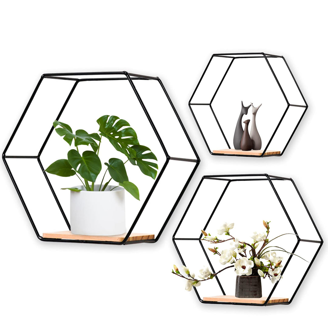 LMYDIDO 3er-Set Hexagon Wandregal Hängeregal, Metall und Holz Schweberegal Wandaufbewahrung Organize