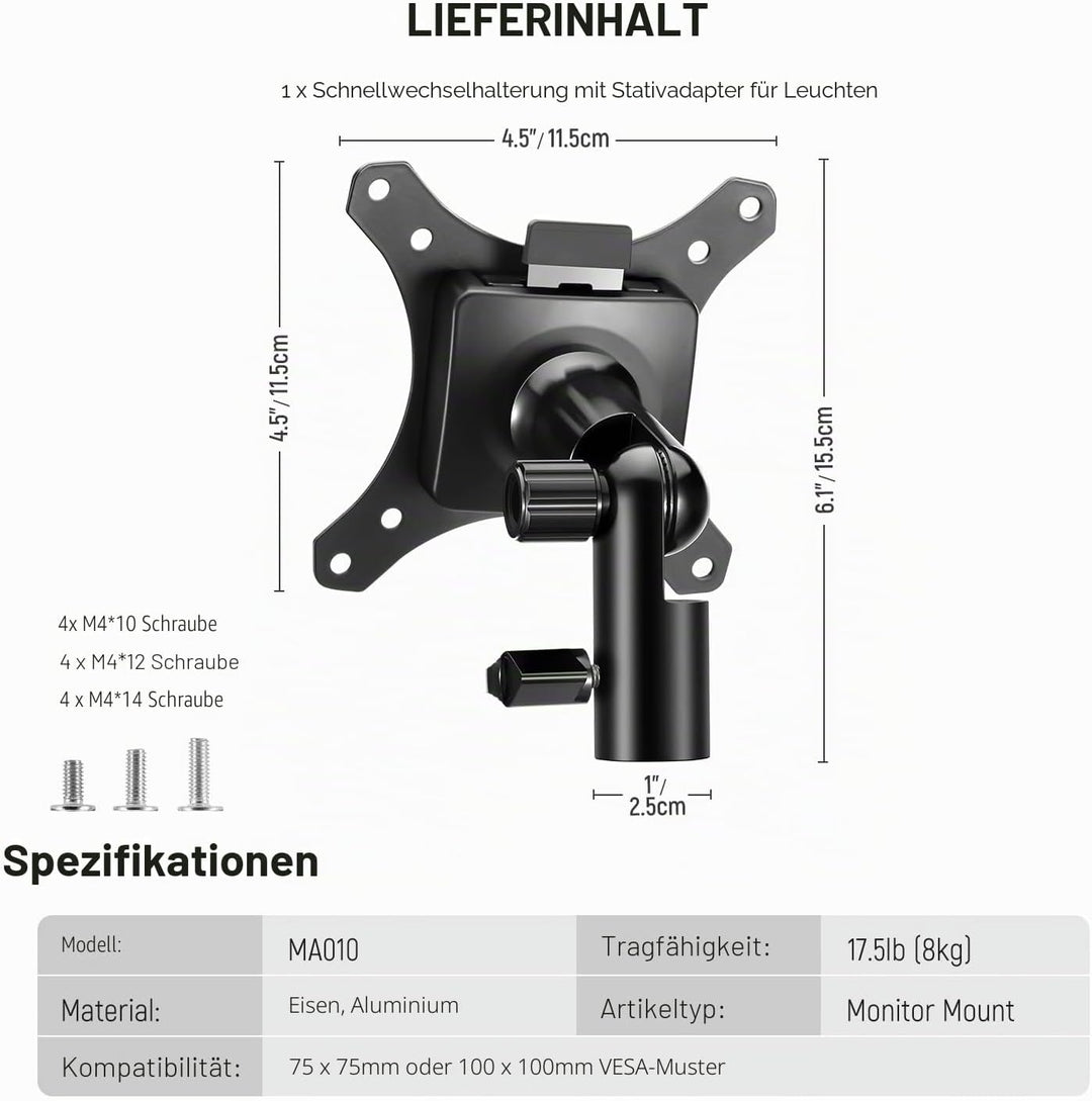 NEEWER Monitor Mount Adapter Halterung mit Schnellverschluss VESA Halterung, 270° verstellbarer Meta