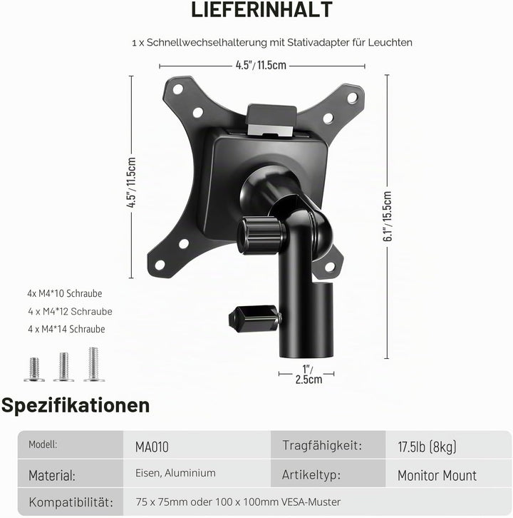 NEEWER Monitor Mount Adapter Halterung mit Schnellverschluss VESA Halterung, 270° verstellbarer Meta