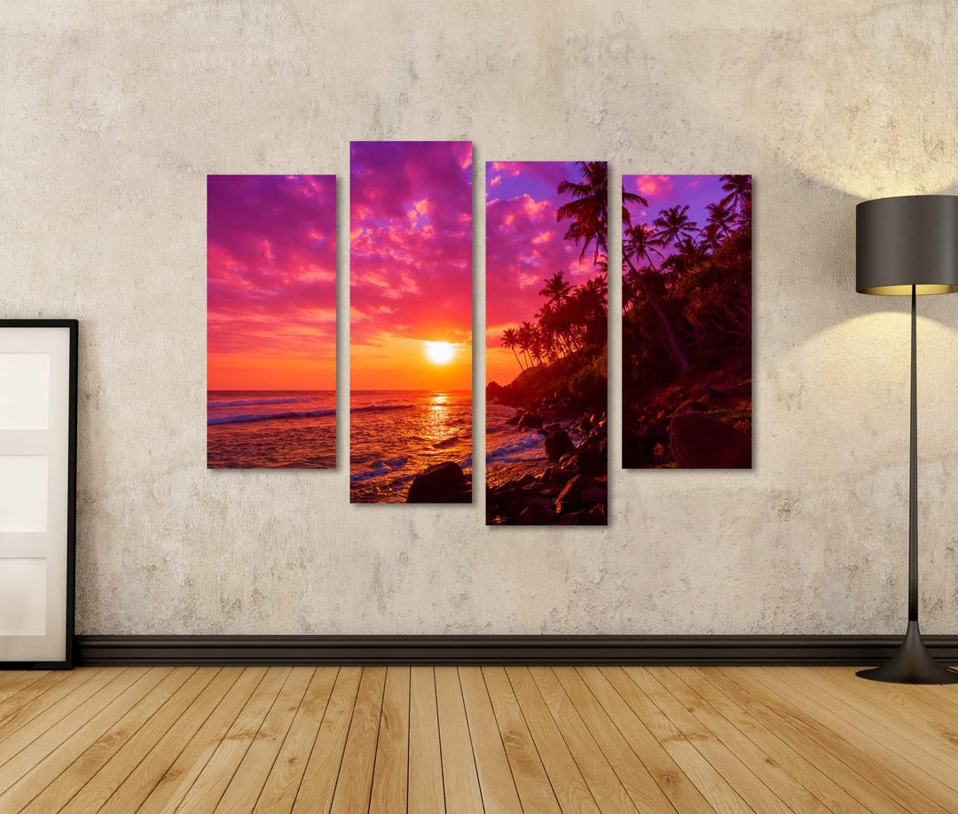 islandburner Bild auf Leinwand Sonnenuntergang Am Tropischen Strand Mit Palmen Silhouetten Bilder Wa