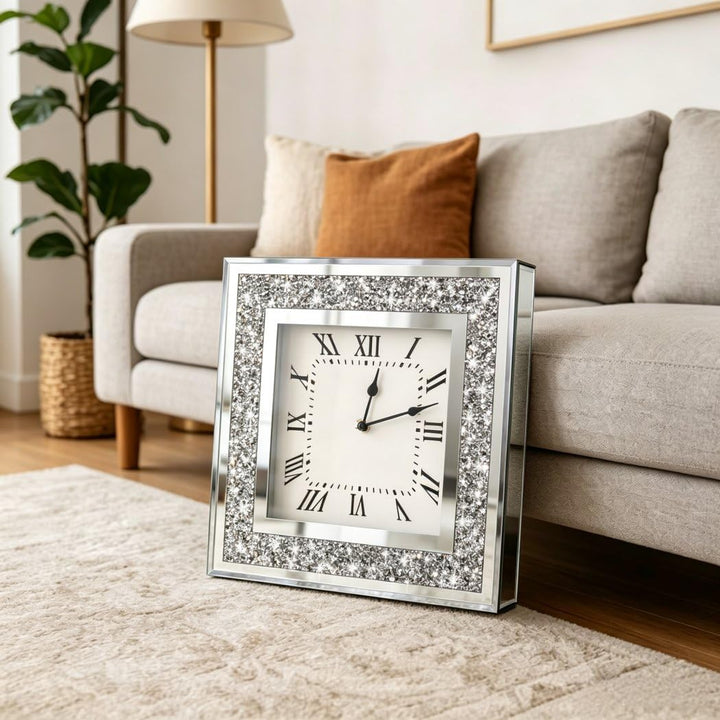 Crystal Crush Diamond Mirrored Square Wall Clock with Sparkle Twinkle Bling Diamond Decor for Wall D