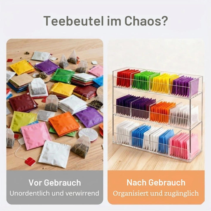 Teebeutel Organizer aus Transparentem Acryl, 12-Fach Teebox für 200+ Teebeutel, Stapelbare Tee Aufbe