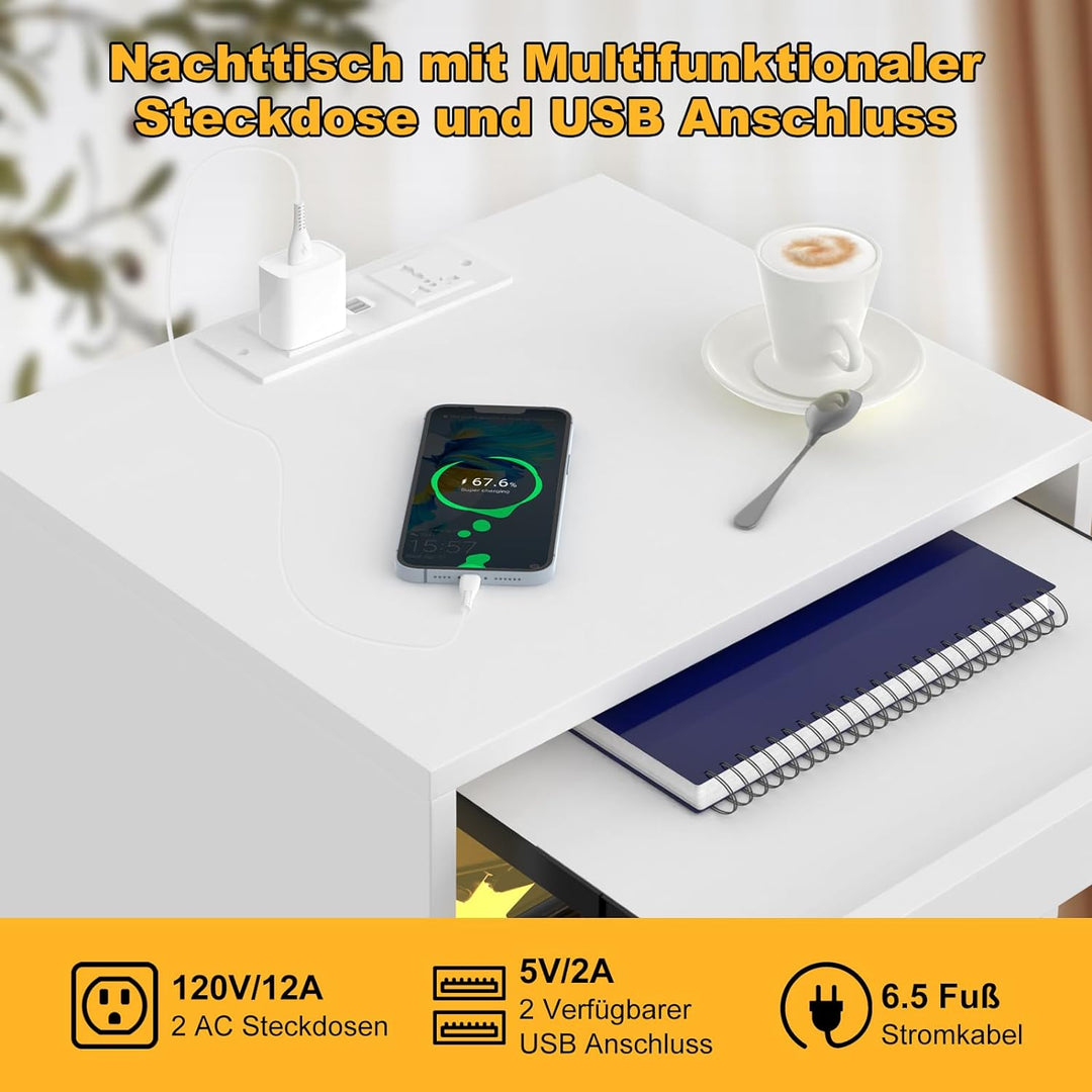 Lvhecforhm Nachttisch mit Steckdosen, Nachttisch Weiss Einstellbares Licht, Nachttische mit 2 Schubl