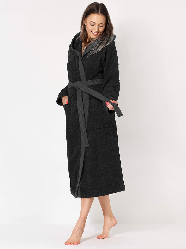 Ladeheid Damen Frottee Bademantel aus 100% Baumwolle LA40-102 L Schwarz-30/Dunkelgrau-12, L Schwarz-