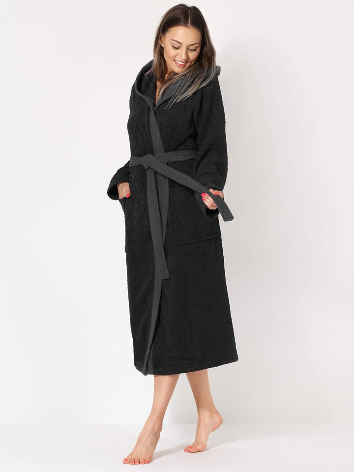 Ladeheid Damen Frottee Bademantel aus 100% Baumwolle LA40-102 XL Schwarz-30/Dunkelgrau-12, XL Schwar