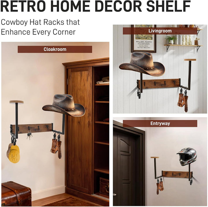 Helmhalterung Wand, Holz Hutständer Wand für Cowboyhut, Motorrad Garderobe Hutaufhänger mit 4 Metall
