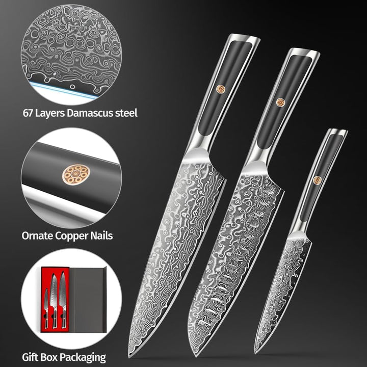ioko Damaszenerstahl-Messer-Set, 3-teilig, Scharfe Klingen, Komfortable Griffe (Schwarz), Schwarz