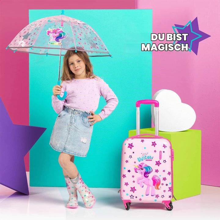 PERLETTI Einhorn Kinderkoffer Rosa - Kinder Trolley Handgepäck Leicht 4 Rollen und Zahlenschloss - H