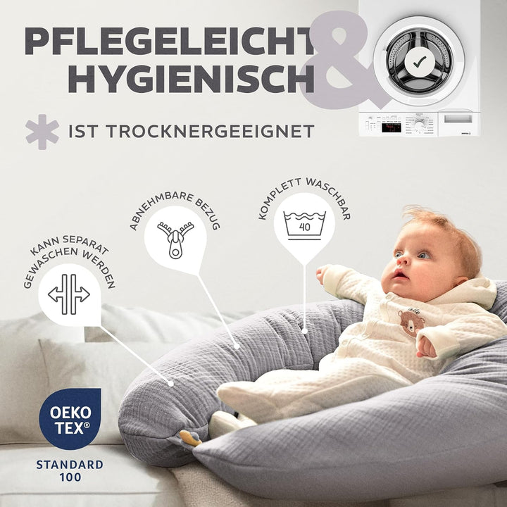 sei Design Stillkissen XXL Mikroperlen-Füllung mit Musselin-Bezug aus Baumwolle [100% Bio-Baumwolle