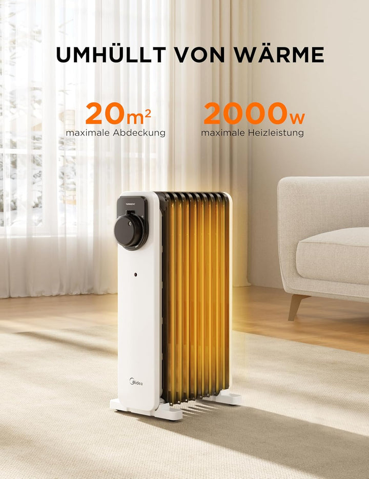 Midea Ölradiator, 2000W 9 Rippen tragbarer Elektroheizer mit Drehknopfregelung und einstellbarem The