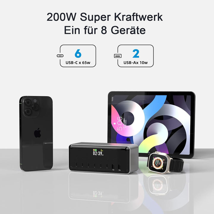 ISDT MASS2 200W USB C Ladegerät,8-Port Schnellladegerät Mehrfach Netzteil mit Weckerfunktion&Zeitges