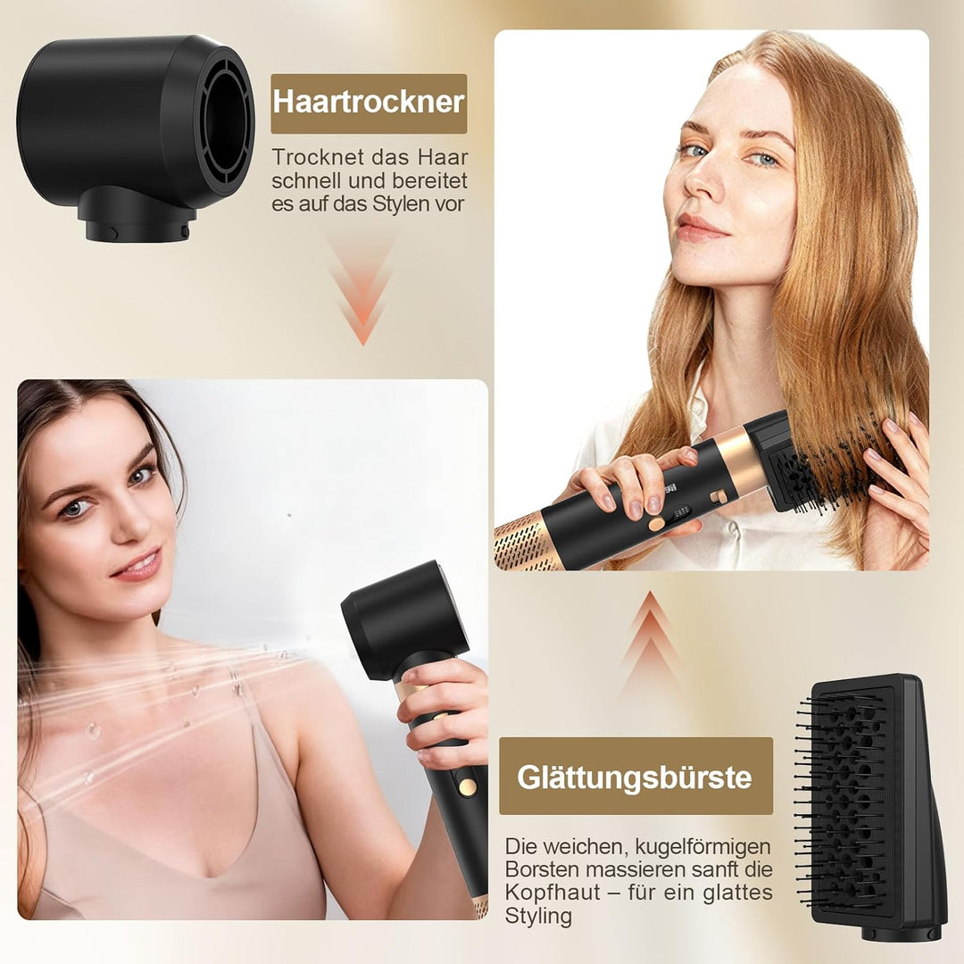 6 in 1 Warmluftbürste & Styler Set, 1000 W Föhnbürste mit abnehmbaren Aufsätzen, Professionelle Heis