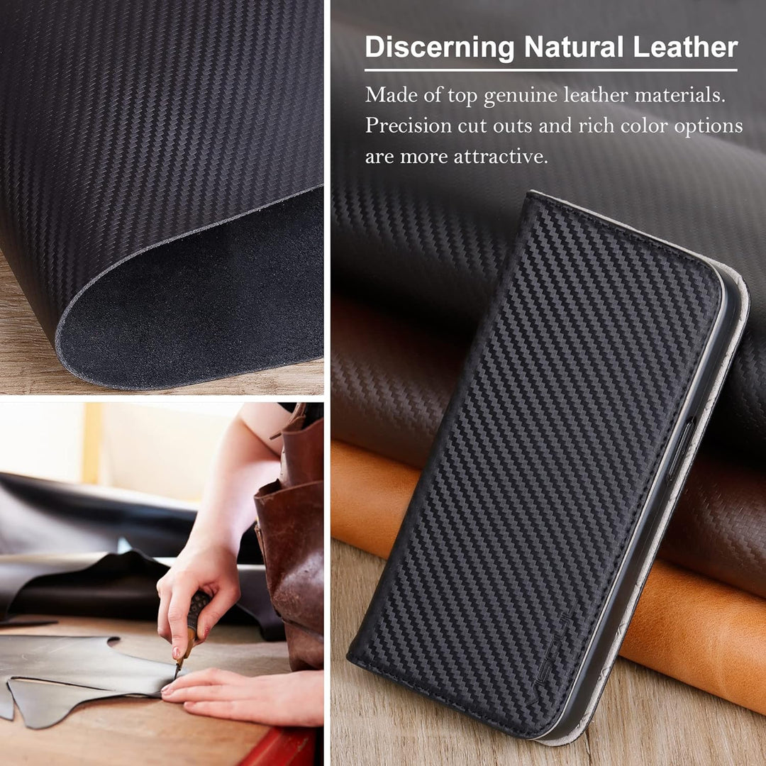 VISOUL iPhone 14 Plus Hülle, Handyhülle [100% Carbon Leder] [RFID Schutz] [Schützt vor Stoss] [Stand