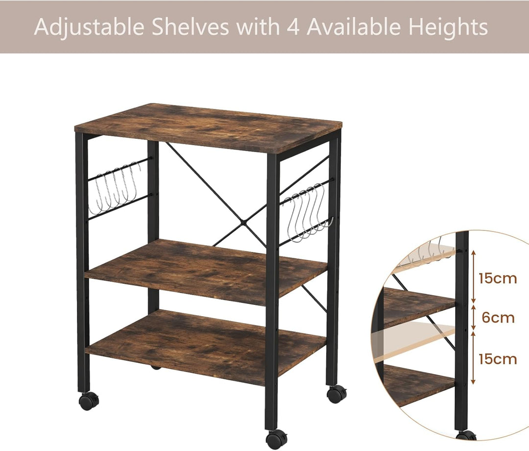 KOMFOTTEU Küchenwagen Küchenregal auf Rollen, 3 Ebenen Rollwagen Mikrowellenregal mit höheverstellba