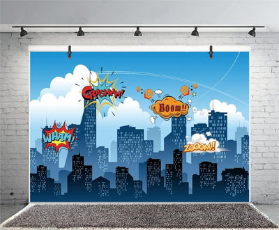 Renaiss 3x2m Superhelden Hintergrund Comic Stadtbild Hintergrund für Fotografie Baby Shower Boy Girl