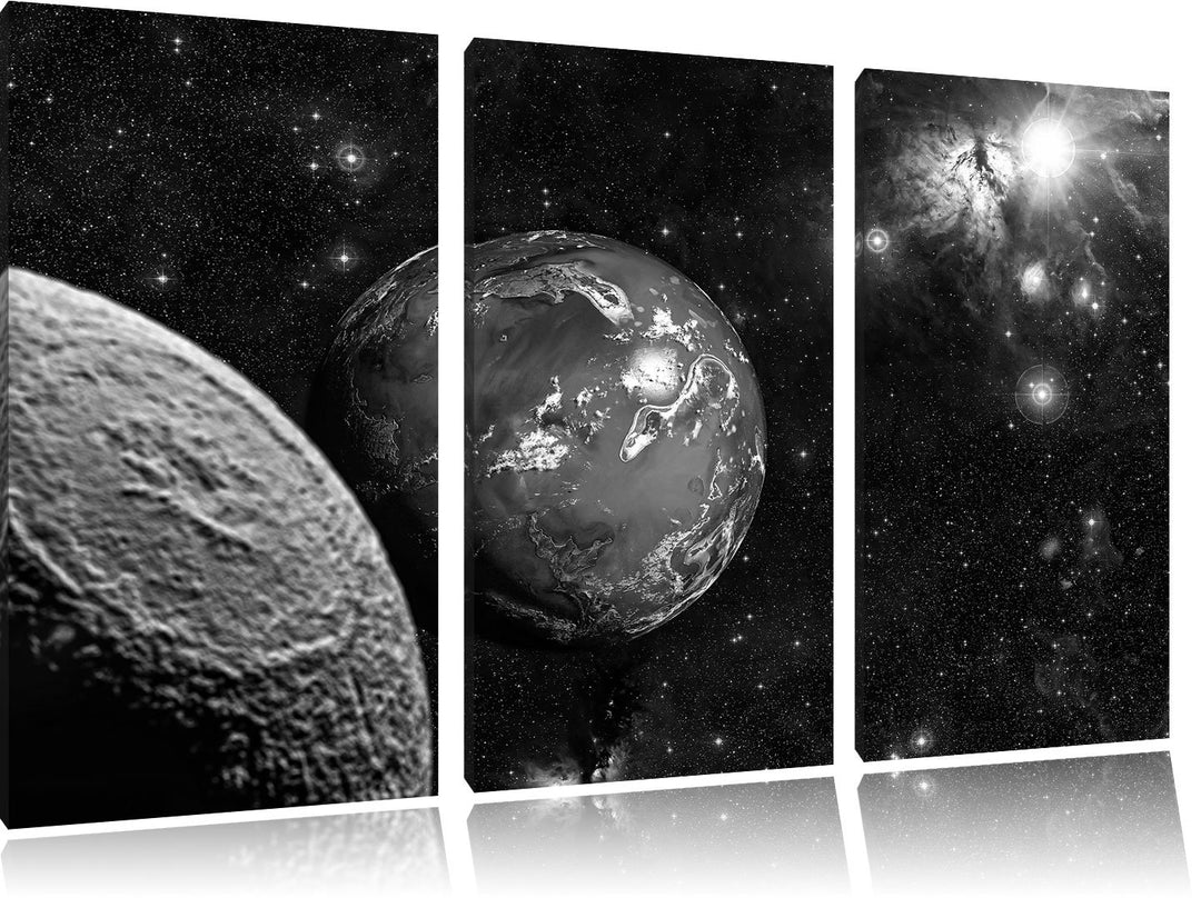 Pixxprint Planet Erde im Kosmos Kunst B&W / 3-Teilig/Gesamtmass 120cm Leinwandbild bespannt auf Holz