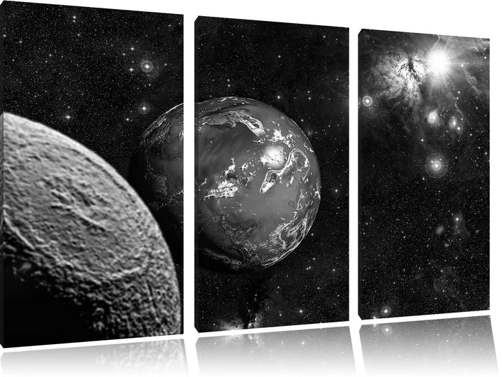 Pixxprint Planet Erde im Kosmos Kunst B&W / 3-Teilig/Gesamtmass 120cm Leinwandbild bespannt auf Holz