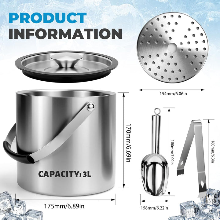 3L Eiswürfelbehälter mit Deckel Eiskübel Edelstahl Eisbehälter für Eiswürfel Doppelwandiger Isoliert