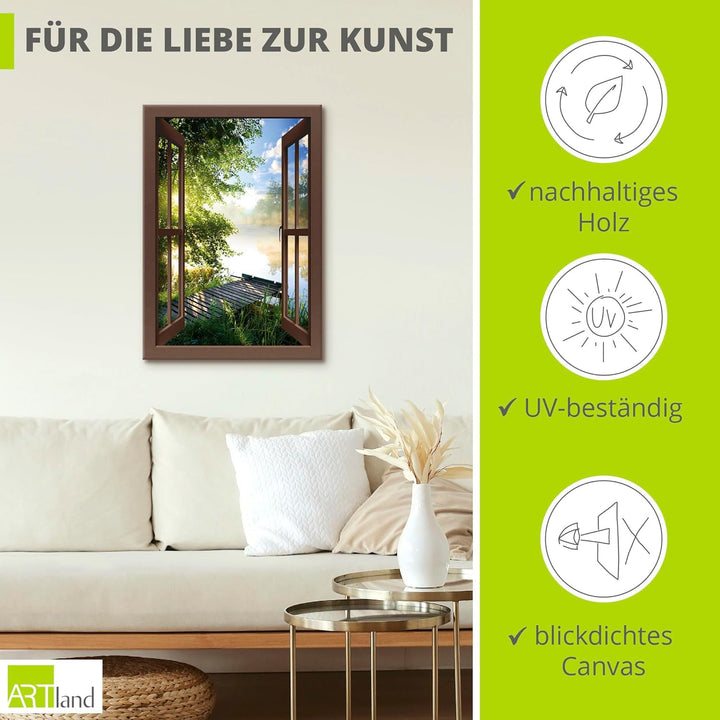 Artland Leinwandbild Wandbild Bild Leinwand 70x100 cm Wanddeko Fensterblick Fenster Landschaft Wald
