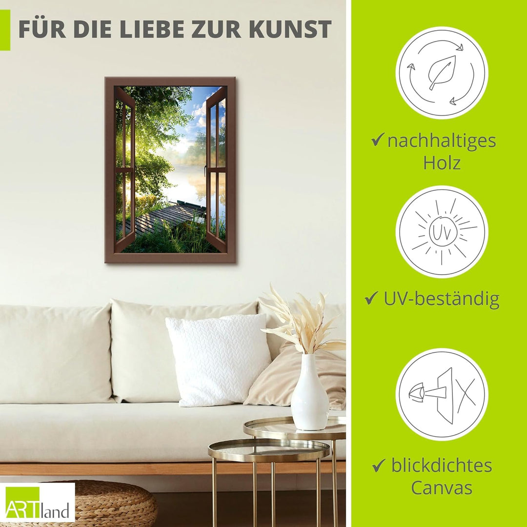 Artland Leinwandbild Wandbild Bild Leinwand 50x70 cm Wanddeko Fensterblick Fenster Landschaft Wald N