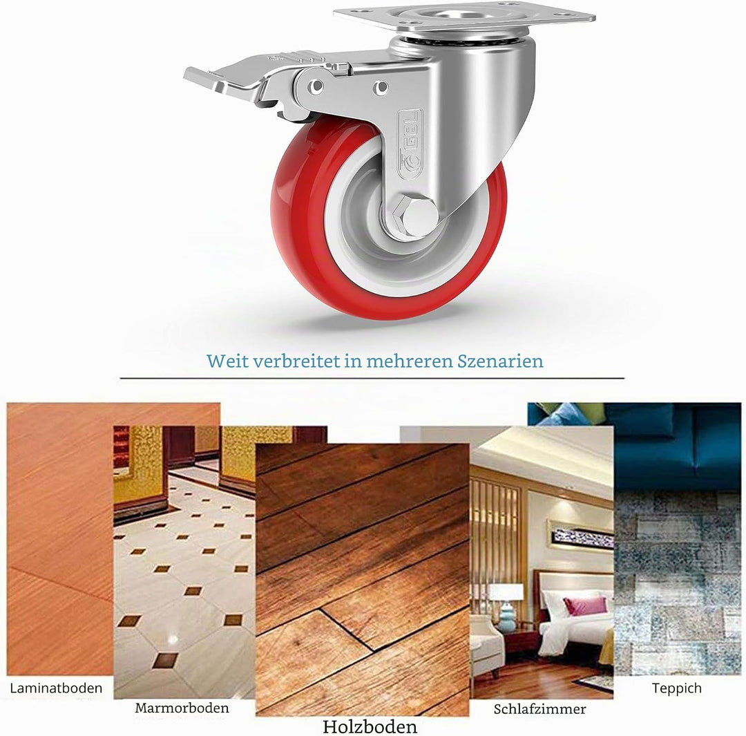 GBL Möbelrollen Schwerlast mit 2 Bremsen + Schrauben - 125mm 800KG - 4 Lenkrollen gross ohne Möbel B