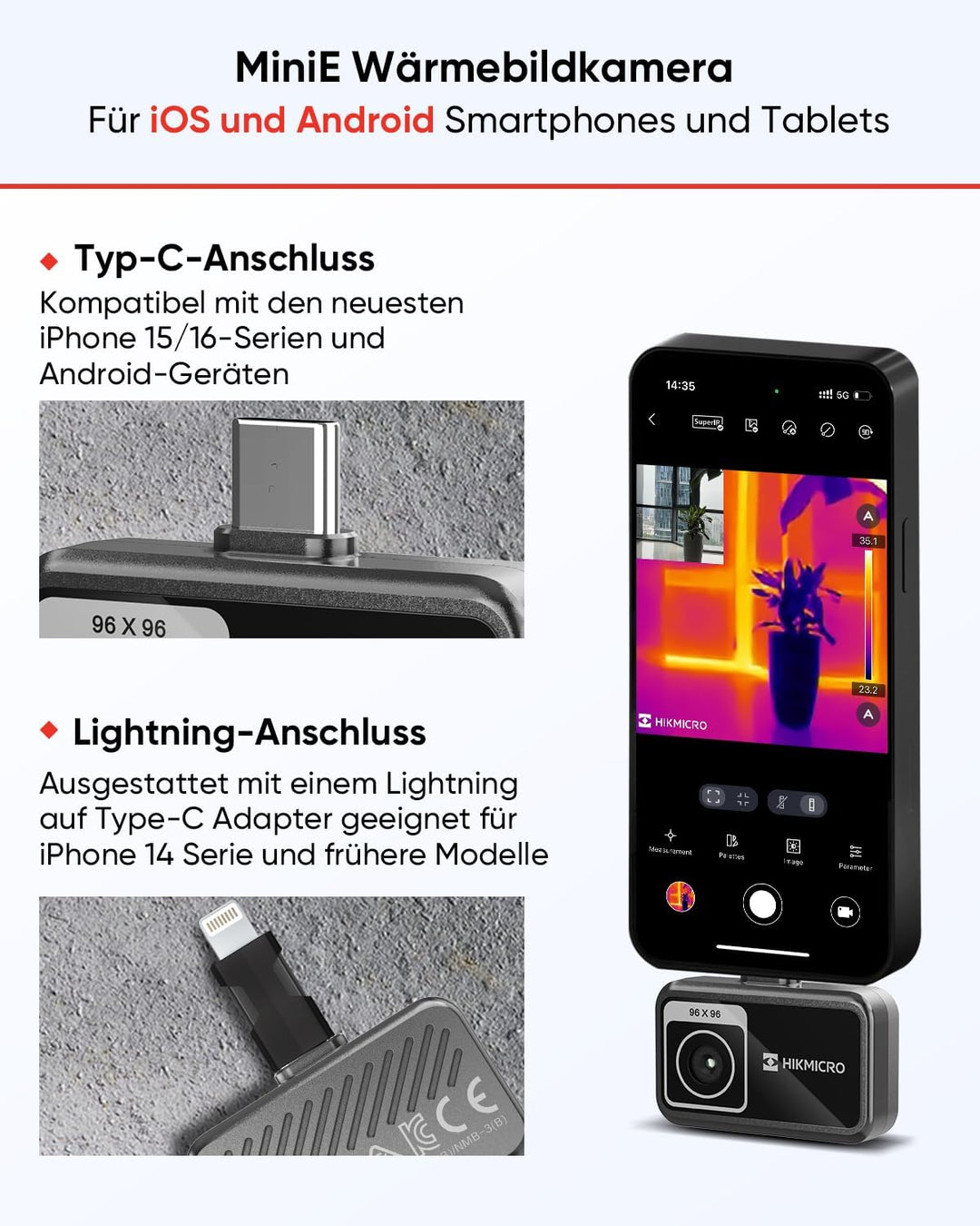 HIKMICRO Minie Wärmebildkamera - iOS/Android, 192×192 SuperIR Bildverbesserung, 25Hz, für Smartphone