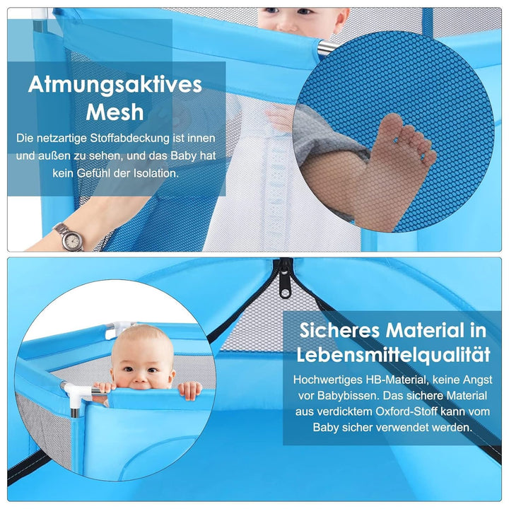Laufstall faltbar Playpen 128×110×65 cm Sechseckiger Laufgitter Playpen Baby mit Netz-Seitenfenster