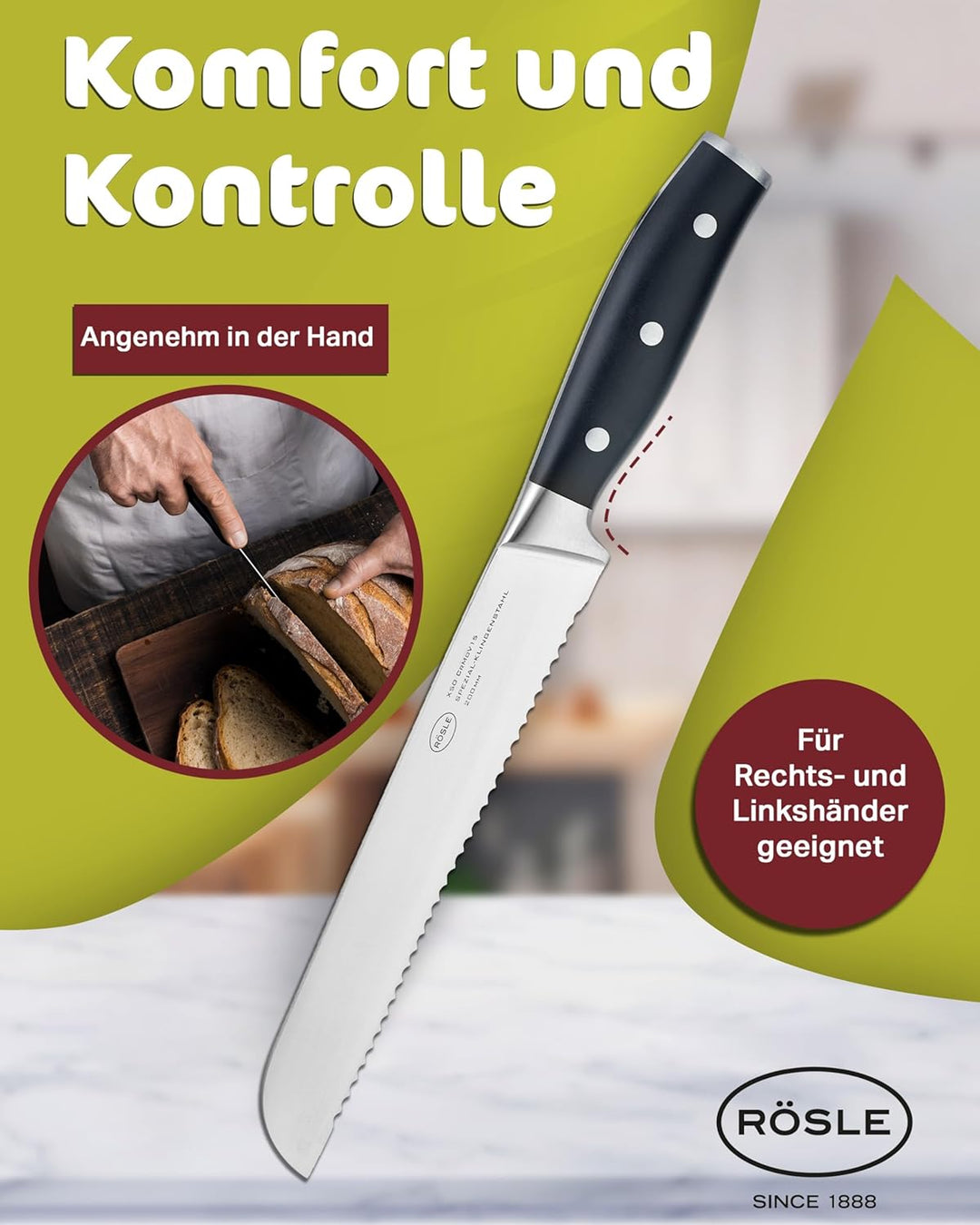 RÖSLE Brotmesser Tradition, Hochwertiges Küchenmesser zum Schneiden von Brot, Brötchen und Baguette,