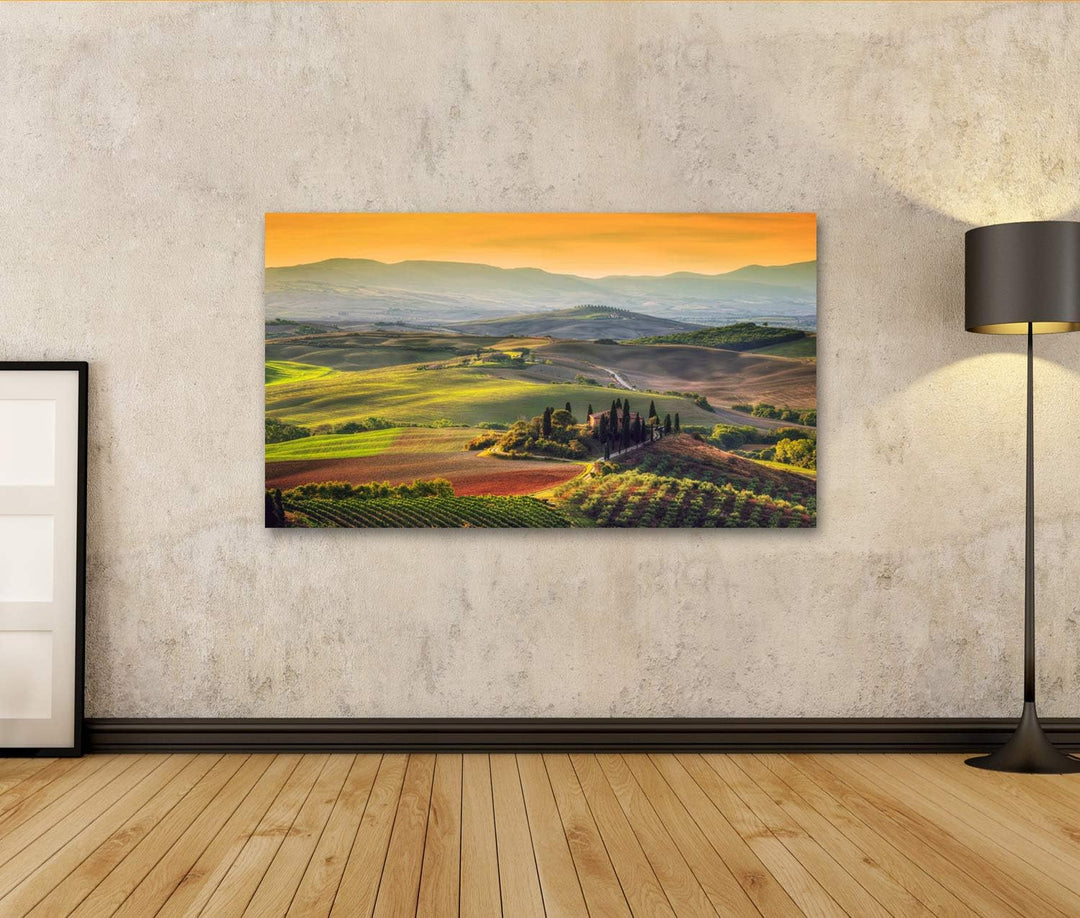 islandburner Bild auf Leinwand Toskana Landschaft Sonnenaufgang Toskanisches Bauernhaus Weinberg Hüg