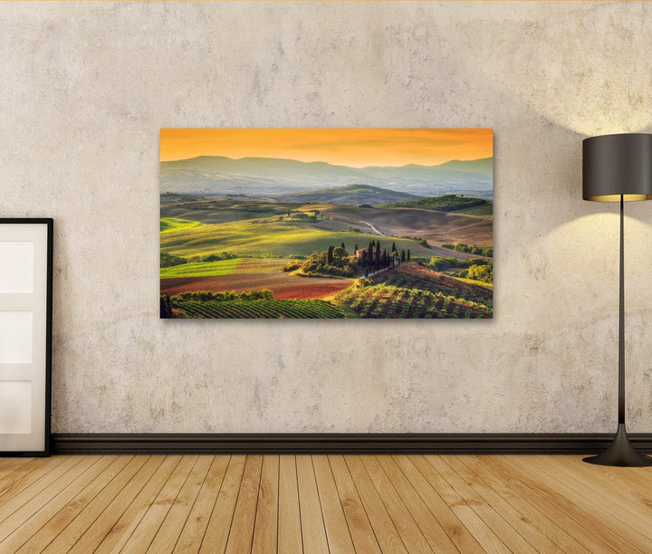 islandburner Bild auf Leinwand Toskana Landschaft Sonnenaufgang Toskanisches Bauernhaus Weinberg Hüg