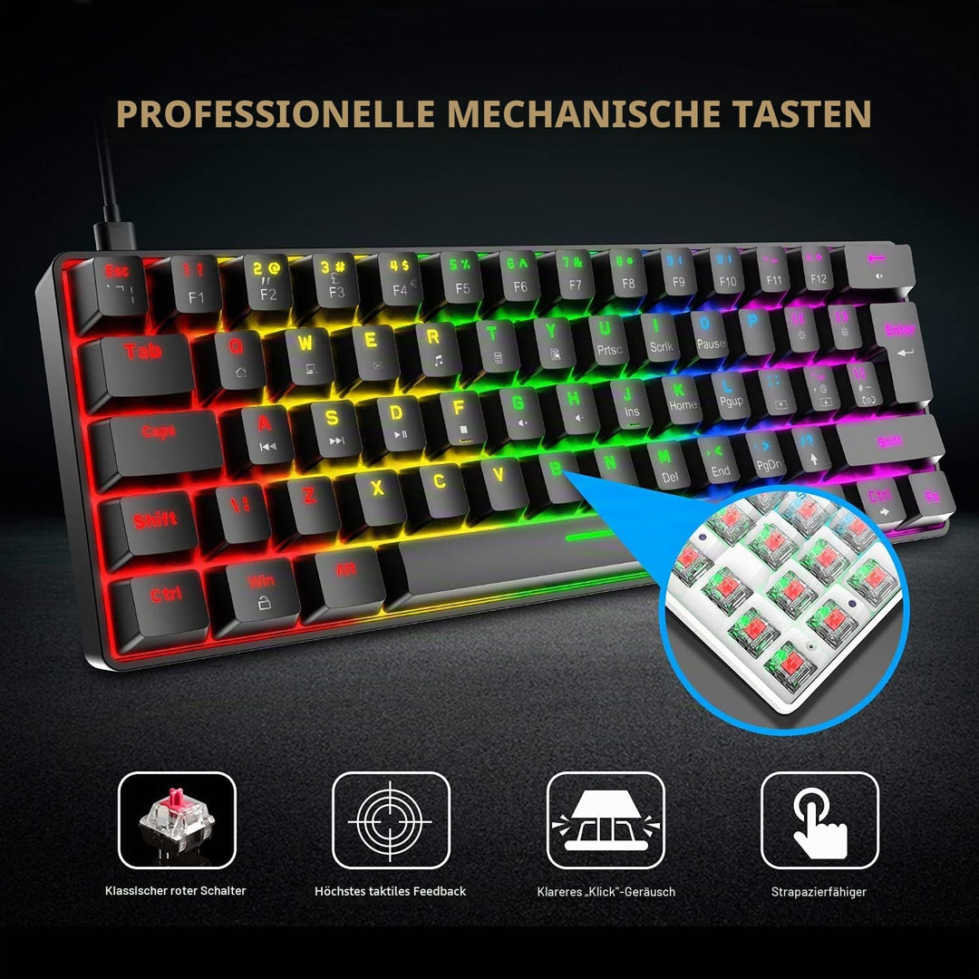 T60 Mini 60% Mechanische Tastatur-Maus-Sets, Kompakt 62 Tasten, Typ C Wired, 19 Hintergrundbeleuchtu