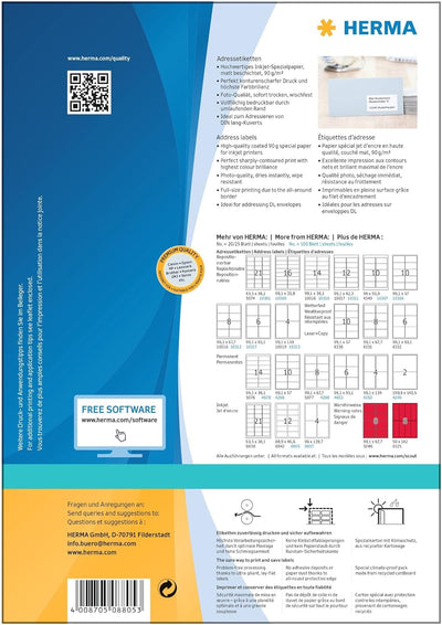 HERMA 8805 Adressetiketten für Inkjet Drucker, 100 Blatt, 88,9 x 46,6 mm, 12 Stück pro A4 Bogen, 120