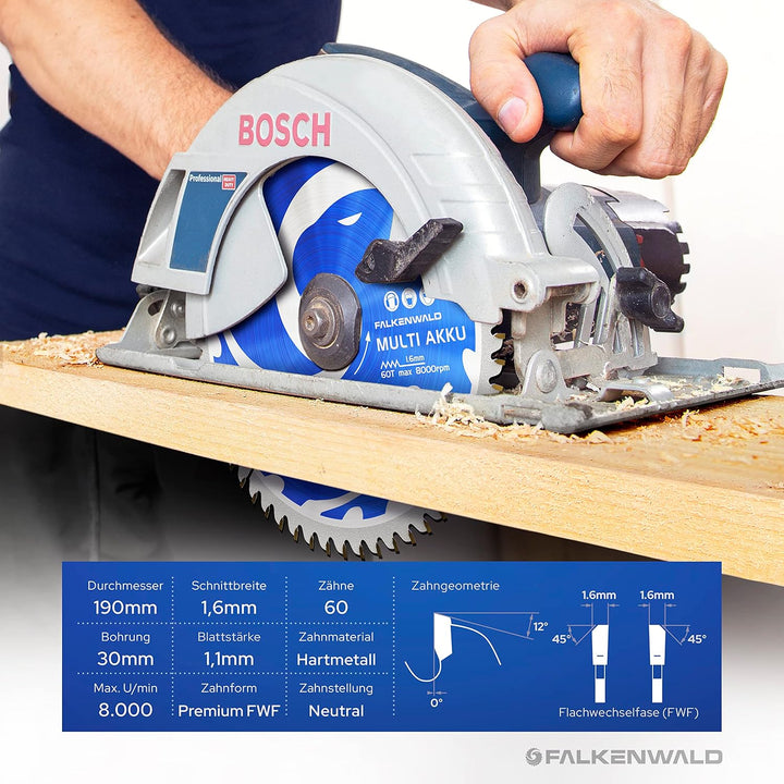 FALKENWALD® Sägeblatt 190x30 mm (Akku) - Ideal für Holz, Metall &amp; Aluminium - Kompatibel mit Bosch G