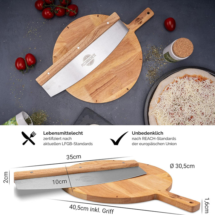 Pizzaschneider + Pizzabrett , Pizza Set bestehend aus Wiegemesser und Pizzaschneidebrett, -Zubehör m