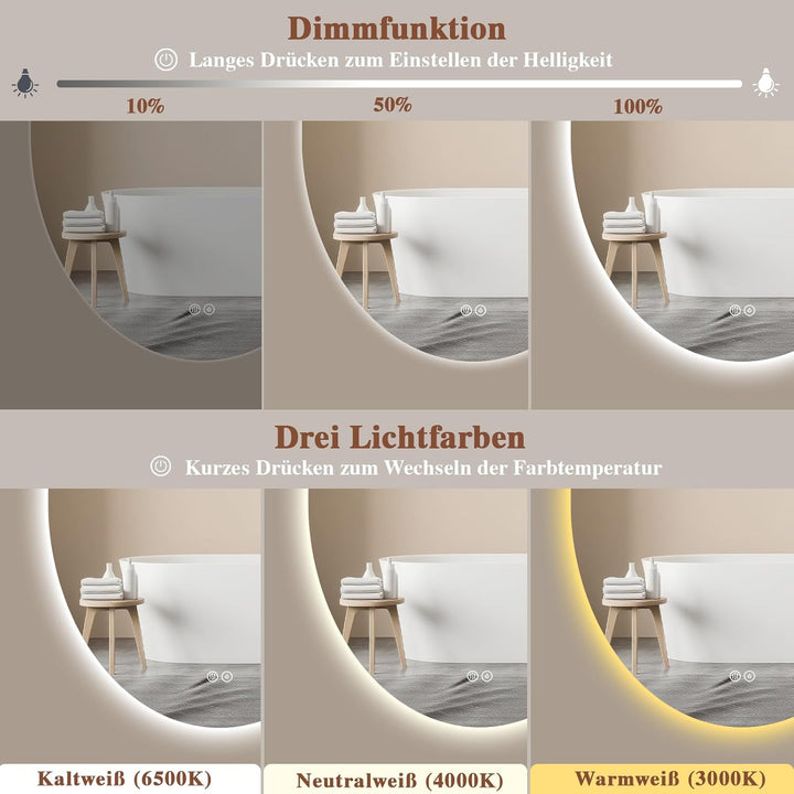 Badspiegel-mit-Beleuchtung- LED Badezimmerspiegel Badezimmer Spiegel mit Beleuchtung, Touch-Schalter