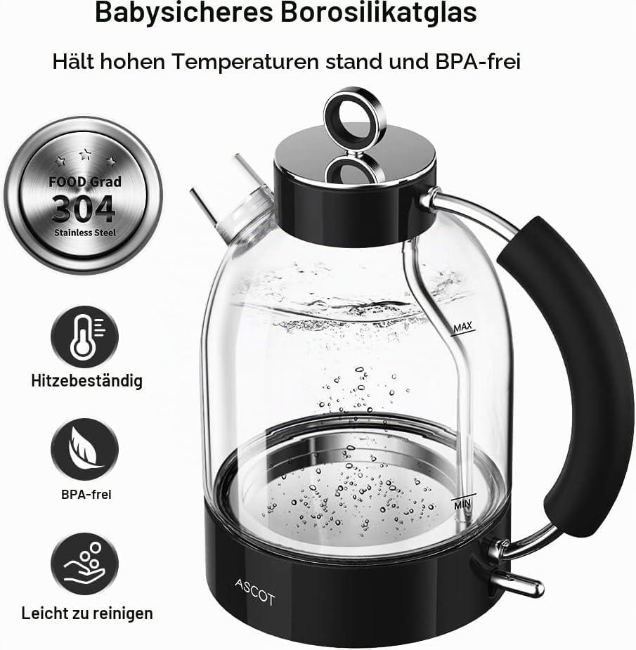 ASCOT Wasserkocher Glas, Elektrischer Wasserkocher Geschenke für Männer/Frauen 1,5L, Retro Leiser Sc
