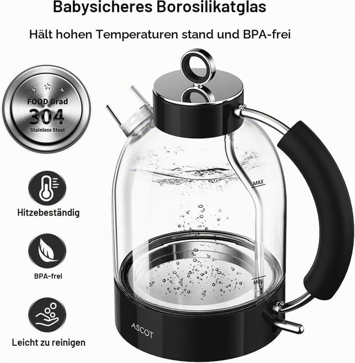 ASCOT Wasserkocher Glas, Elektrischer Wasserkocher Geschenke für Männer/Frauen 1,5L, Retro Leiser Sc