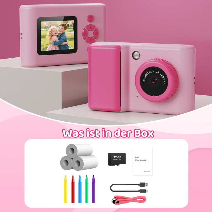 uleway Sofortbildkamera Kinder, Kinderkamera mit 2.4" Bildschirm &amp; 32GB Karte &amp; Druckpapier, 1080P H