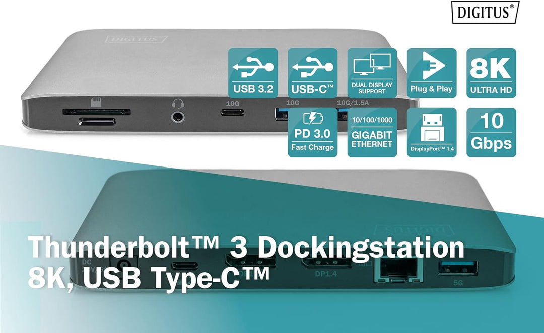 DIGITUS Thunderbolt™ 3 Dockingstation 8K, USB Type-C™, USB 3.0, 7-Port, Travel 2X Video, 3X USB 3.0,
