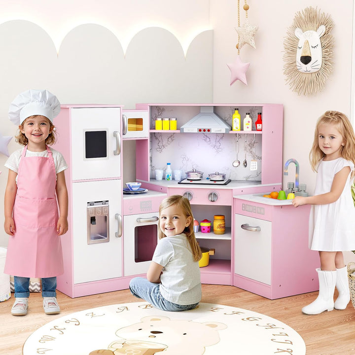 COSTWAY Kinderküche Holz, Spielküche Eck mit Licht und Sound, Holzküche mit Tafel & Spüle & Ofen, in