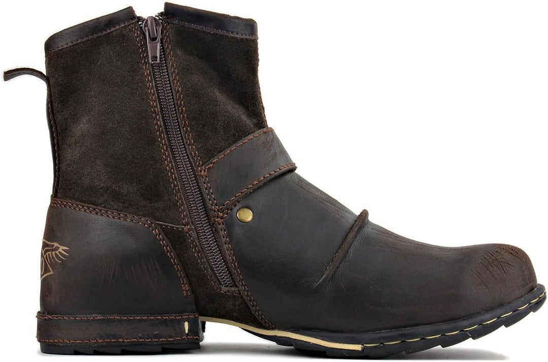 OSSTONE Herren Leder chukkastiefel Worker Biker Boots-Motorrad-Leder-Schuhe für reissverschluss Schn