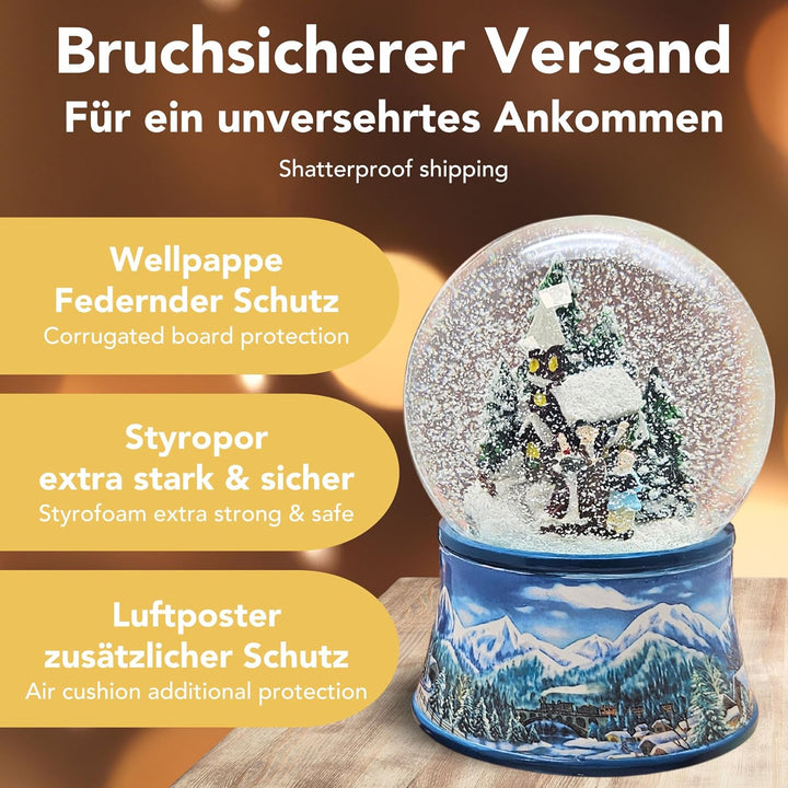 Schneekugel Weihnachten Nostalgische Winterzeit mit Spieluhr Jingle Bells 140 mm hoch - 20274 Hellbl