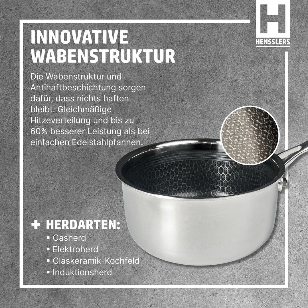 HENSSLERS® Stielkasserolle 16cm [ALLE HERDARTEN] - Saucepan aus Edelstahl - Stieltopf mit innovative