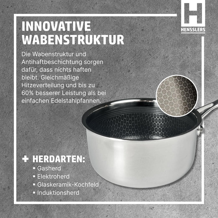 HENSSLERS® Stielkasserolle 16cm [ALLE HERDARTEN] - Saucepan aus Edelstahl - Stieltopf mit innovative