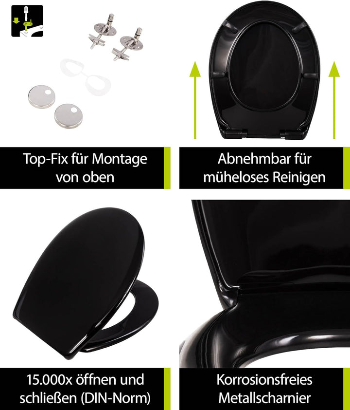 'aquaSu® Schwarzer Toilettendeckel nachhaltig Davoli, WC-Sitz mit Absenkautomatik, Made in EU, aus 1