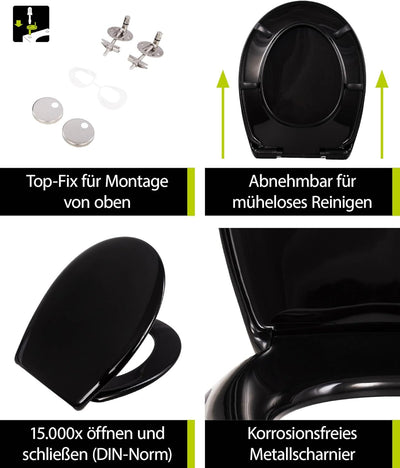 'aquaSu® Schwarzer Toilettendeckel nachhaltig Davoli, WC-Sitz mit Absenkautomatik, Made in EU, aus 1