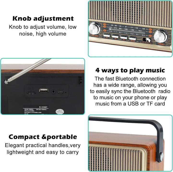 Retro Radio mit Bluetooth, Nostalgie Kofferradio Klein mit AM/FM/SW3, USB/TF/AUX, Wiederaufladbar, K