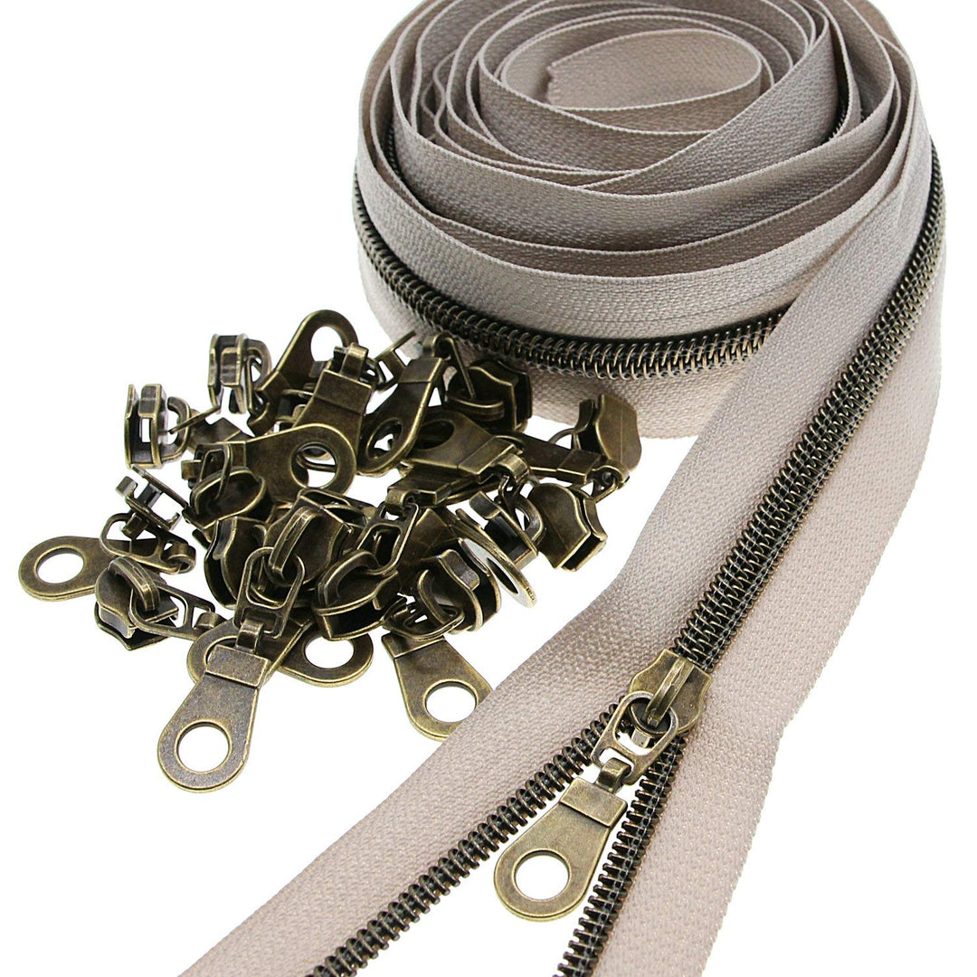 5# Metallische Nylonspulen-Reissverschlüsse 9.1m antikes Messing zähne Beige Band mit 25 Stück Schie