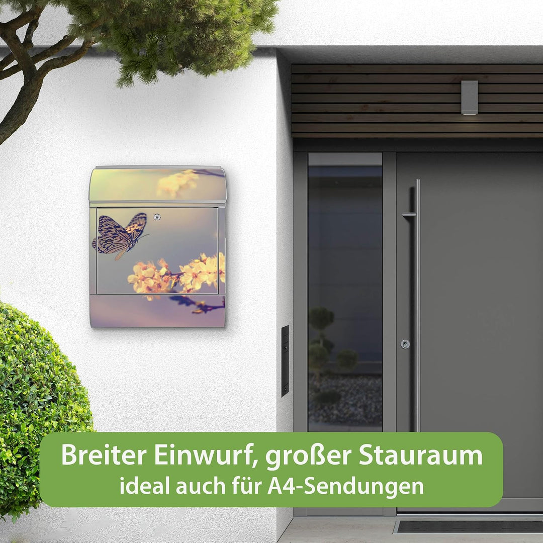 banjado® Design Briefkasten mit Motiv Tag Im Mai 39x47x14cm &amp; 2 Schlüssel - Briefkasten Stahl Silber