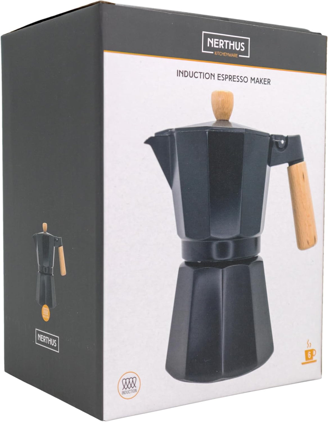 Nerthus FIH 1252 Espressokocher Induktion 6 Tassen Aluminium schwarz Holzdesign für Kaffee 6 TAZAS S